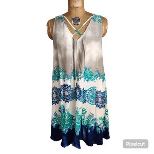 Umgee Sleeveless Dress with Blue and Green Floral Pattern, Medium